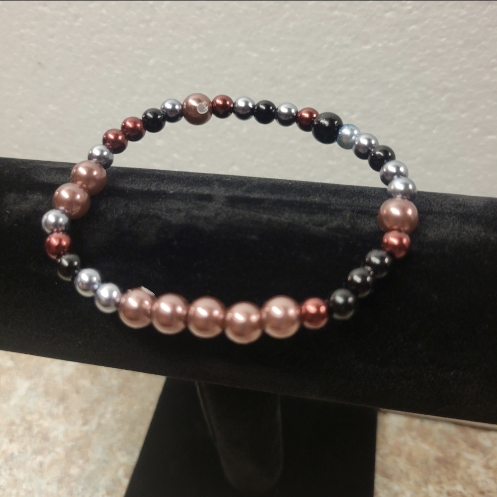 Hand Crafted Men's Black, Brown, Silver, and Copper Stretch Bracelet